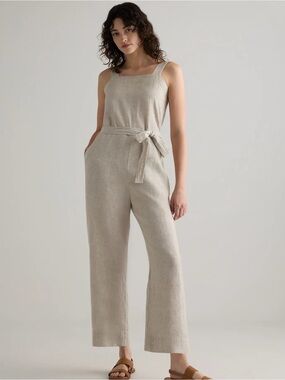 Quince Neutral Linen Tie-Waist Jumpsuit in Light Beige